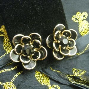 Gold Black Poured Glass Bezel Set Earrings Vint.